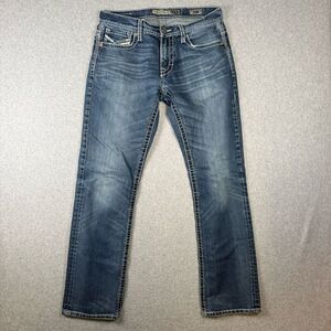 BKE Mens Size 32 Carter Straight Leg Denim Jeans Distressed Blue Thick Stitch